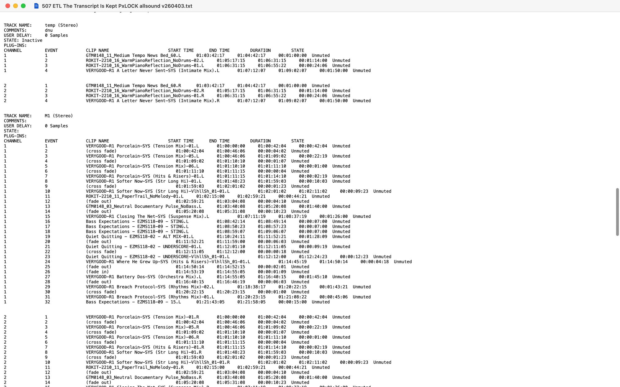 The same session exported as a text EDL: clip names, start and end times, durations, track by track.