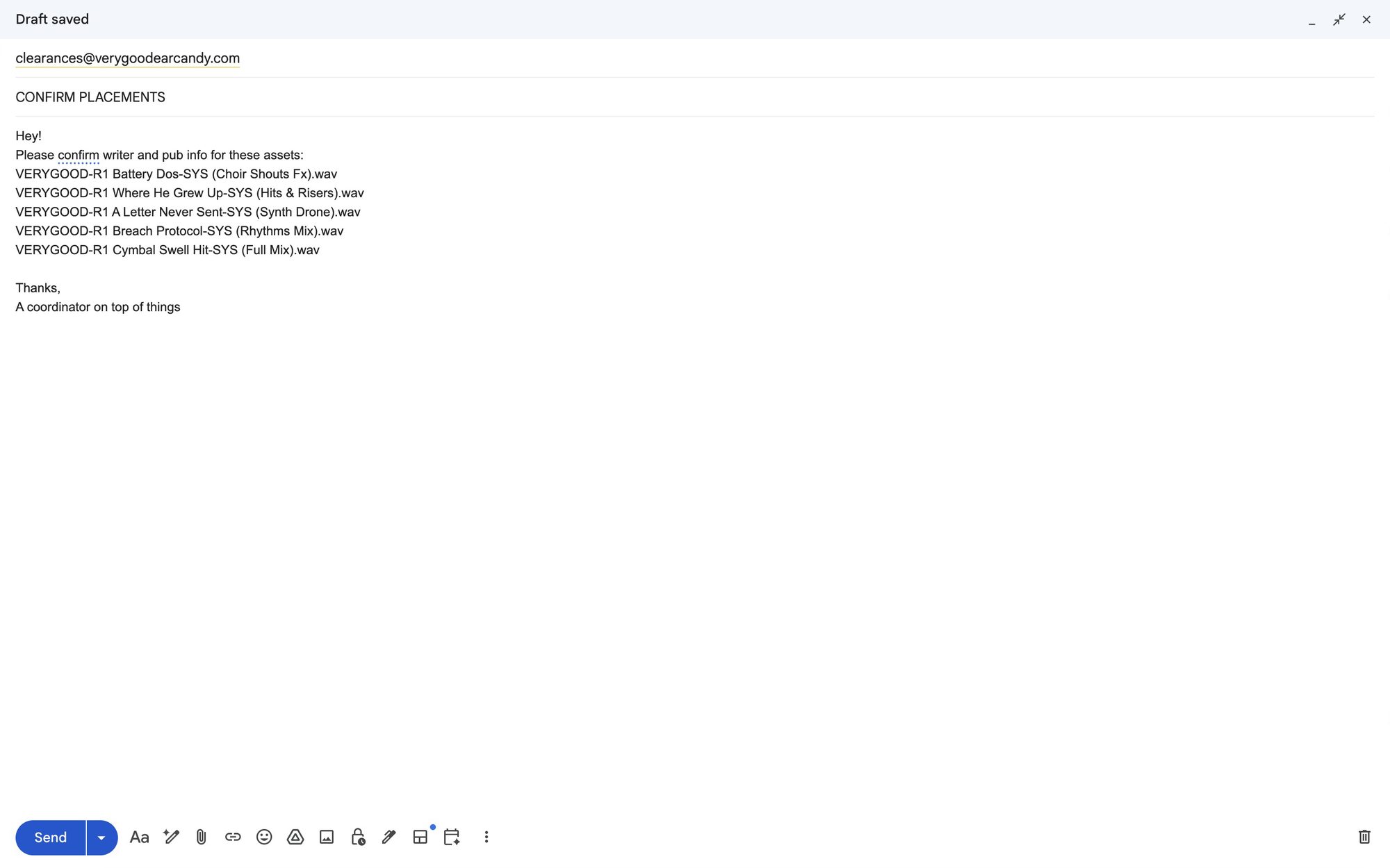 An email to a music library asking it to confirm writer and publisher info for a list of files.