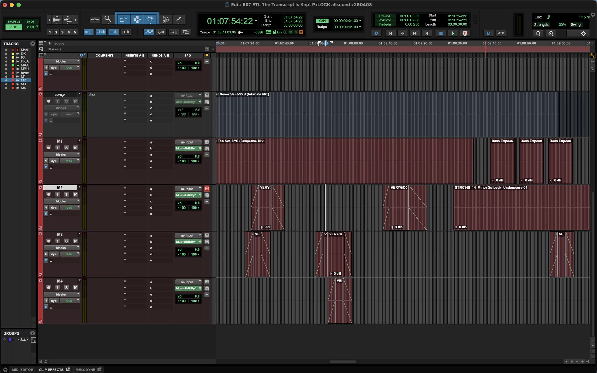 A Pro Tools session: music clips across several tracks.