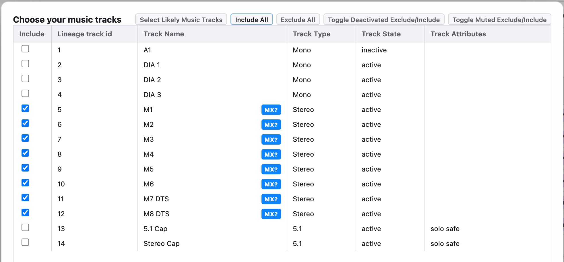 Choosing which Pro Tools tracks are music tracks for the cue sheet.